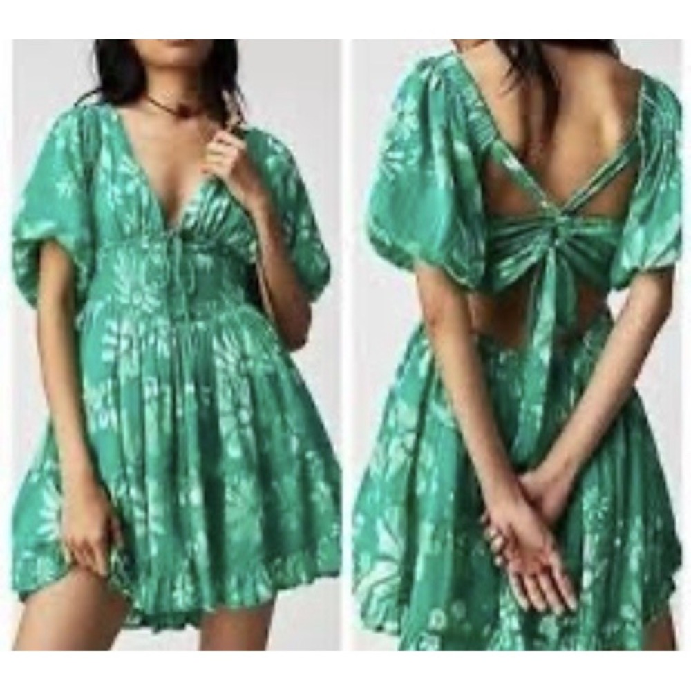Free People Green Floral Martine Smocked Puff Sleeve Mini Dress M NWT
